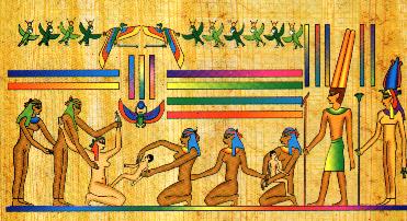 papyrus zachycuje pôrod egypťanky (tie rodili v sede)